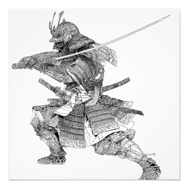 Impression Photo Dessin du guerrier noir dynamique Samurai (Devant)