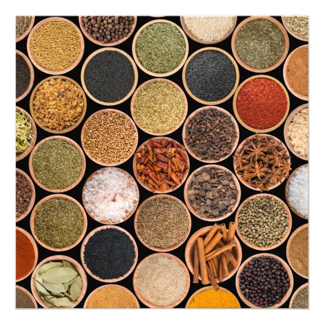 Impression Photo Diverses épices et ingrédients alimentaires (Devant)