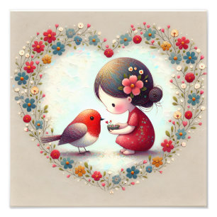 Impression Photo Douce Robin et petite fille Cœur floral
