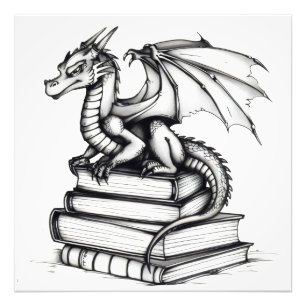 Impression Photo Dragon and Books Line Art