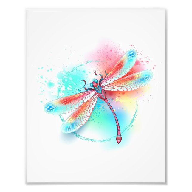 Impression Photo Dragonfly rouge sur l'arrière - plan aquarelle (Devant)