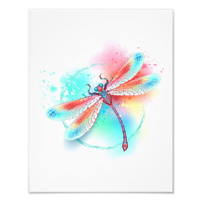 Impression Photo Dragonfly rouge sur l'arrière - plan aquarelle (Devant)