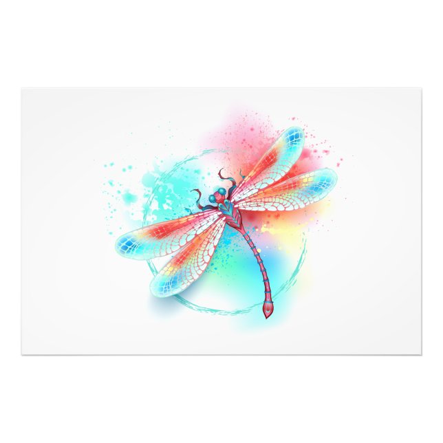 Impression Photo Dragonfly rouge sur l'arrière - plan aquarelle (Devant)