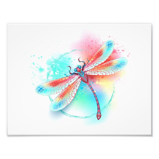 Impression Photo Dragonfly rouge sur l'arrière - plan aquarelle (Devant)
