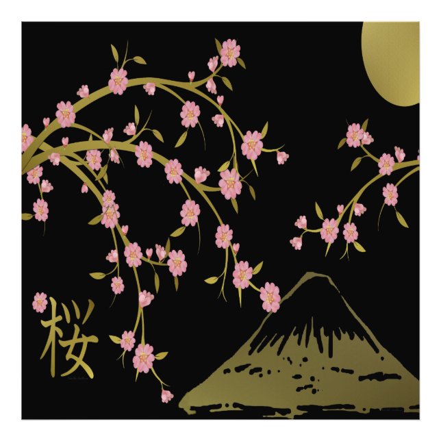 Impression Photo Écran japonais rose Sakura or noir (Devant)