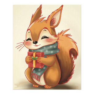 Impression Photo Écureuil Cozy avec un Cadeau – Bois Fantaisiste d'