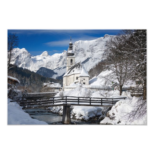 Impression Photo Eglise dans la neige avec les Alpes (Devant)
