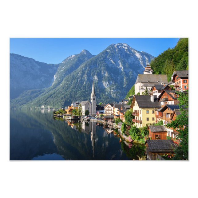 Impression Photo Église et village de Hallstatt, Autriche avec Alpe (Devant)
