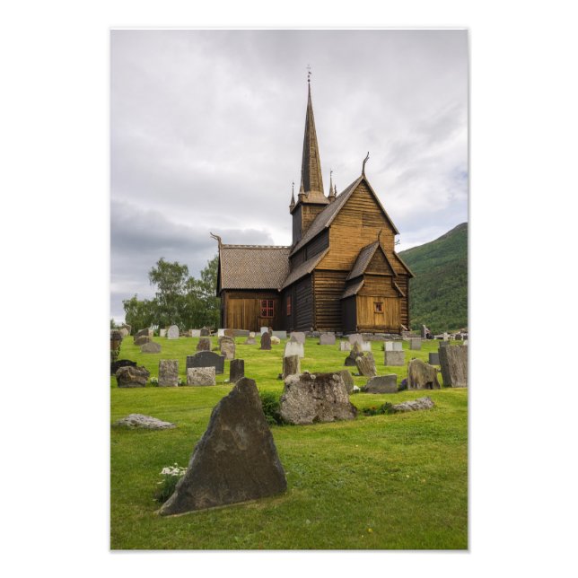 Impression Photo Eglise Stave avec cimetière en Norvège (Devant)