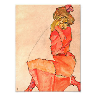 Impression Photo Egon Schiele - Kneeling Femme En Robe Rouge Orange