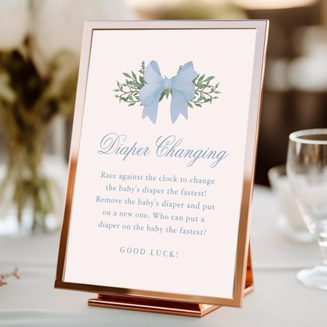 Impression Photo Elegant Blue Bow Boys Baby shower couche Changer (Elegant blue bow diaper changing baby shower game sign.)