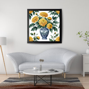 Impression Photo Élégant chrysanthèmes jaune en Porcelaine Bleue Va