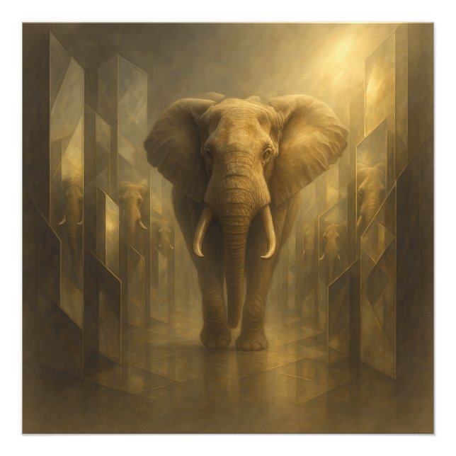 Impression Photo Élégant éléphant doré dans un labyrinthe de miroir (Devant)