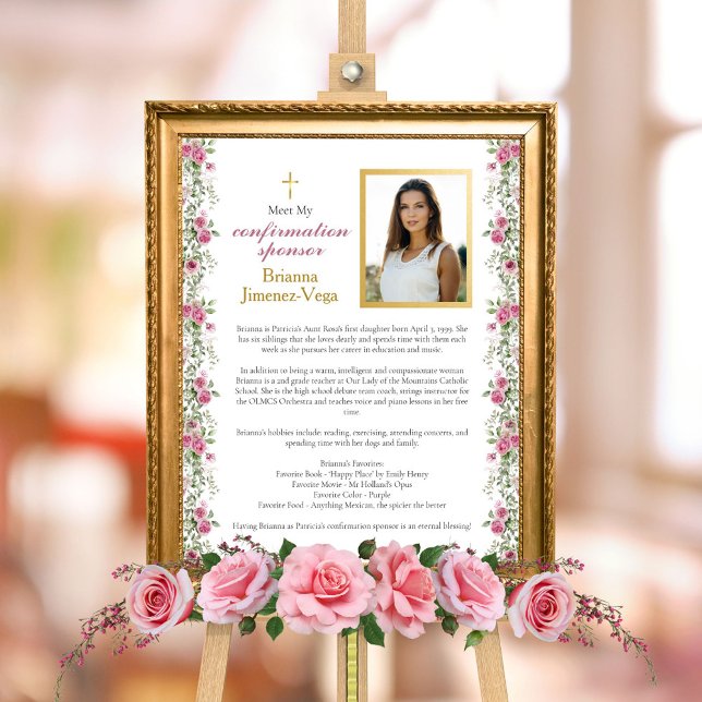 Impression Photo Elegant Rose Gold rencontre mon commanditaire de c (Elegant Pink and Gold Rose Floral Greenery Confirmation Welcome Sign for Confirmation Sponsor)