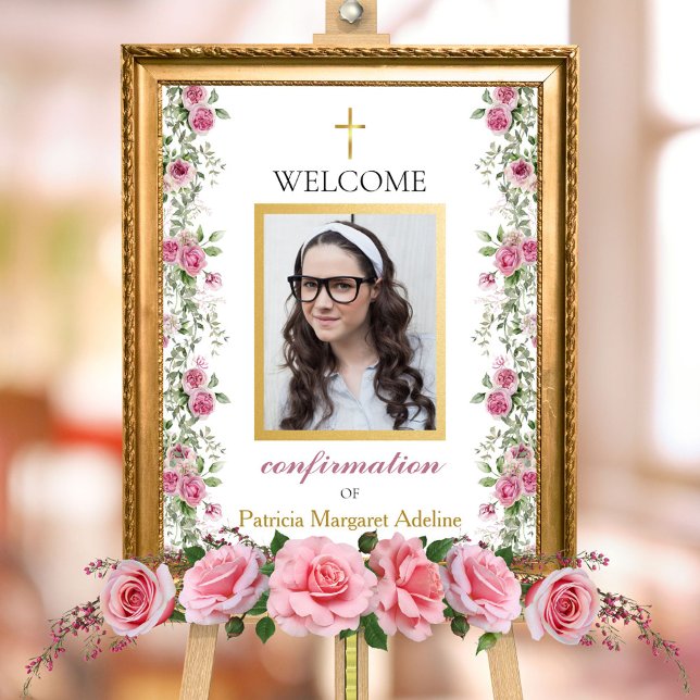 Impression Photo Elégant Rose rose or Confirmation Affiche de bienv (Elegant pink rose and gold floral greenery confirmation baptism welcome sign for religious ceremony)
