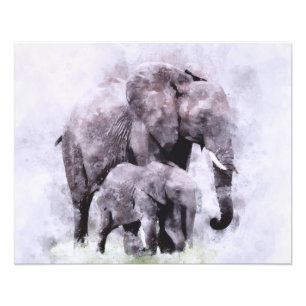 Impression Photo Eléphant africain avec aquarelle de veau