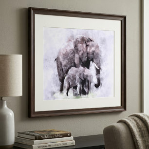 Impression Photo Eléphant africain avec aquarelle de veau