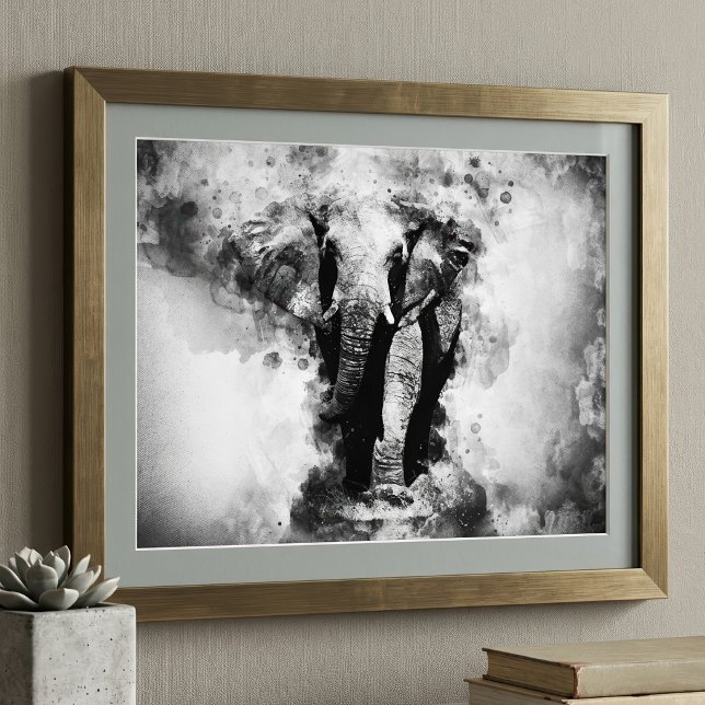 Impression Photo Éléphant d'Afrique Aquarelle Noir et Blanc (African Elephant Black and White Watercolor. Photo Print)