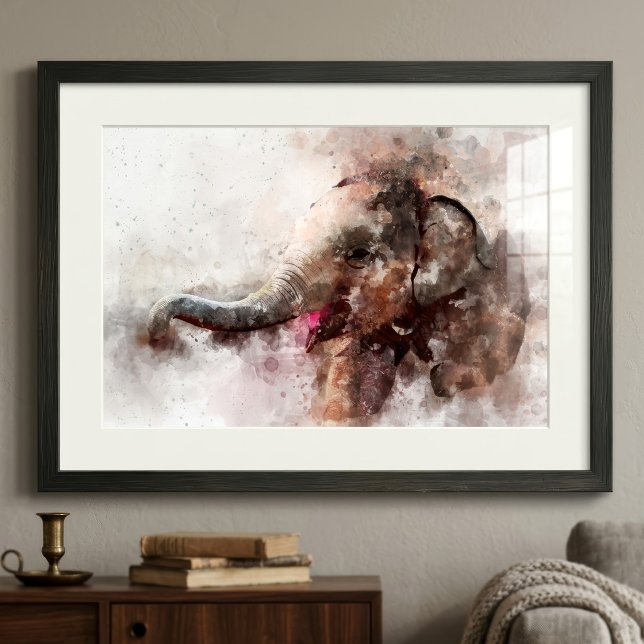 Impression Photo Éléphanteau asiatique mignon et joueur, aquarelle (Cute and Playful Baby Asian Elephant Watercolor. Photo Print)
