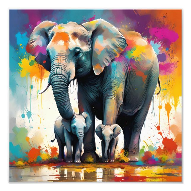 Impression Photo Eléphants De La Mère Et Du Bébé Couleur Splash, (Devant)