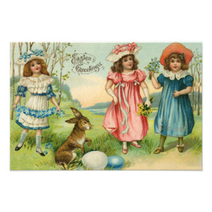 Impression Photo Enfants victoriens Oeuf coloré lapin de Pâques