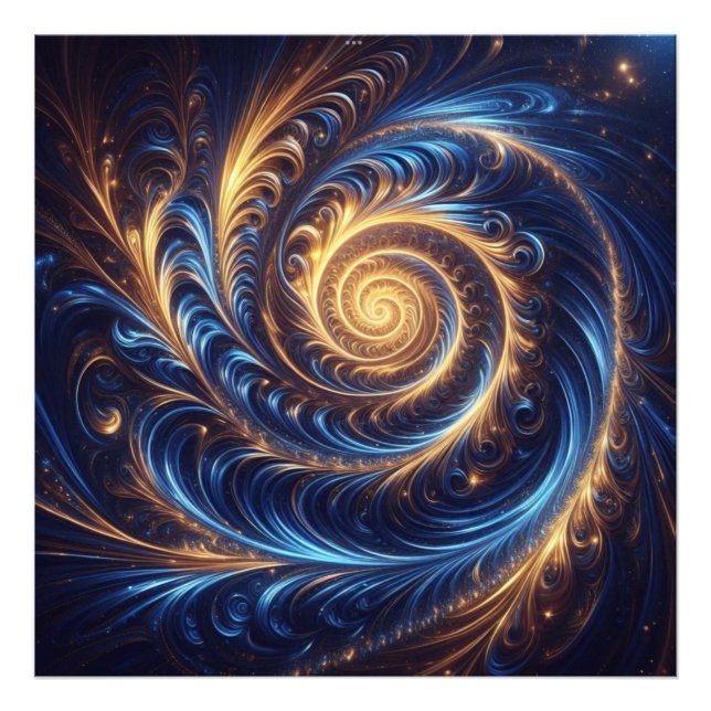 Impression Photo Espace Abstrait moderne Royal Blue et Gold Swirls (Devant)