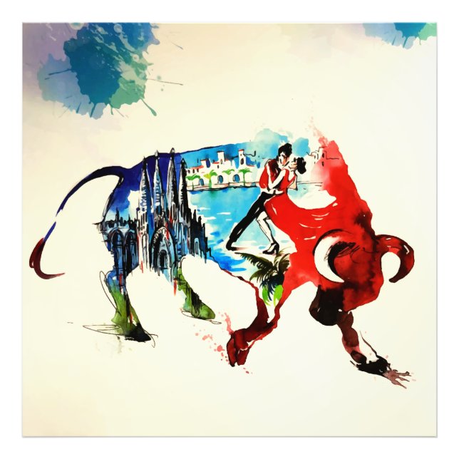 Impression Photo Espagne Bull Vintage voyage Love Aquarelle (Devant)