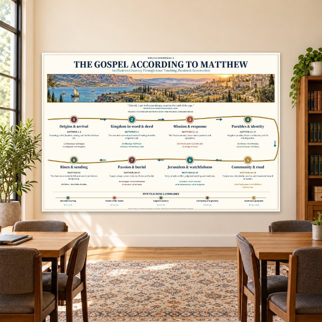 Impression Photo Étude de la Bible sur l'Évangile de Matthieu Table (Matthew 54 × 36 inches — exact finished chart art in an illustrative room setting)