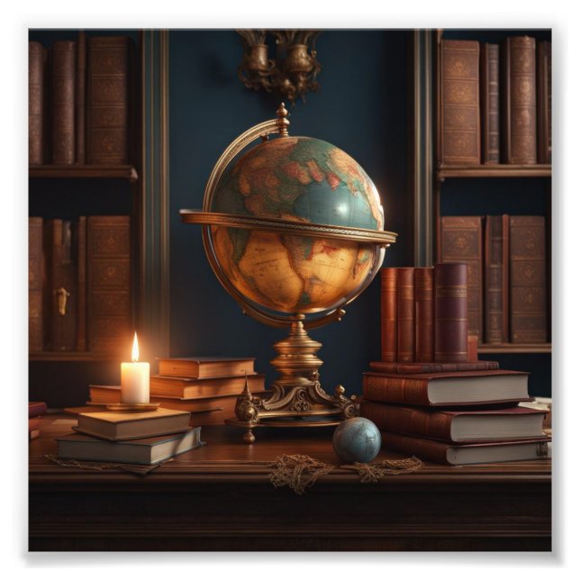 Impression Photo Étudier avec Globe, Livres et bougies (Devant)