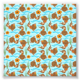 Impression Photo Famille de loutres Fleurs orange Floral Animal aqu