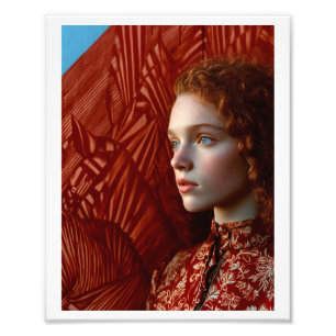 Impression Photo Femme aux cheveux rouges par un tableau de chevaux