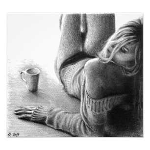 Impression Photo Femme avec café matin Crayon dessin art