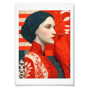 Impression Photo Femme dans une robe fleurie rouge et un oiseau rou