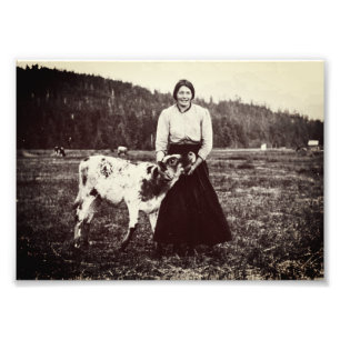 Impression Photo Femme laitière vintage Juneau avec vache
