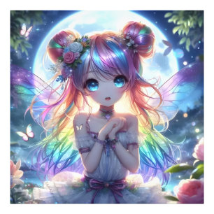 Impression Photo Fille Anime Cheveux Arc-en-Ciel Chantant Fée Lune
