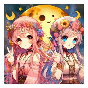 Impression Photo Fille Anime Hippie Lune Filles Faisant Signe de Pa