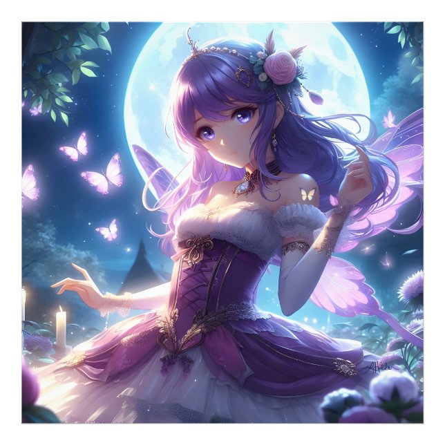 Impression Photo Fille Anime Papillon Violet Aile Lune Fée  (Devant)