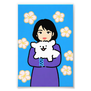 Impression Photo Fille avec chien blanc et fleurs de marguerite