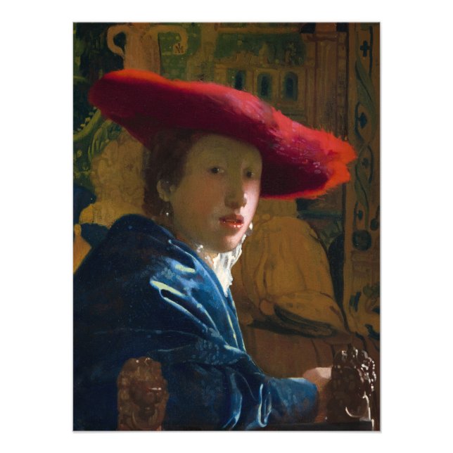 Impression Photo Fille avec le Casquette rouge par Johannes Vermeer (Devant)
