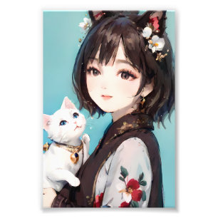 Impression Photo Fille d'anime aux oreilles de chat avec chat blanc