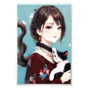 Impression Photo Fille d'anime serrant un chat noir et blanc