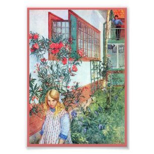 Impression Photo Fille dans le jardin avec des fleurs rouges