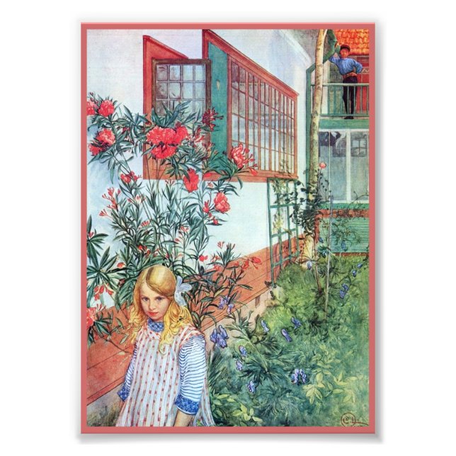 Impression Photo Fille dans le jardin avec des fleurs rouges (Devant)