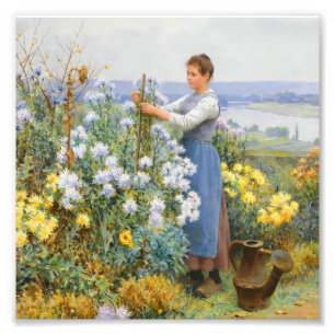 Impression Photo Fille de jardin vintage et fleurs sauvages Antique