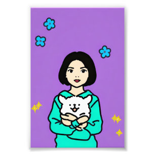 Impression Photo Fille et chiot blanc avec des fleurs colorées