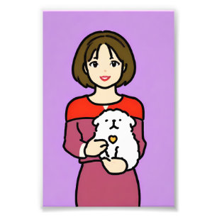 Impression Photo Fille serrant un chiot sur fond prune violet