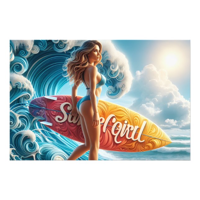 Impression Photo Fille surfeuse confiante marchant sur les vagues d (Devant)