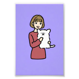 Impression Photo Fille tenant un chien blanc sur fond violet