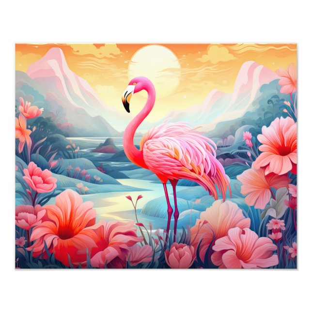 Impression Photo Flamant rose tropical aux fleurs (Devant)