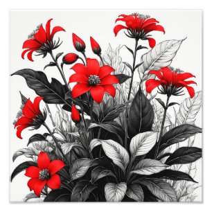 Impression Photo Fleur rouge sur Plante noir blanc